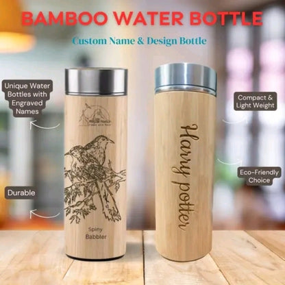 Custom Personalized Water Bottle – LED Temperature Smart Flask, Bamboo Finish & Photo Name Engraved Drinkware