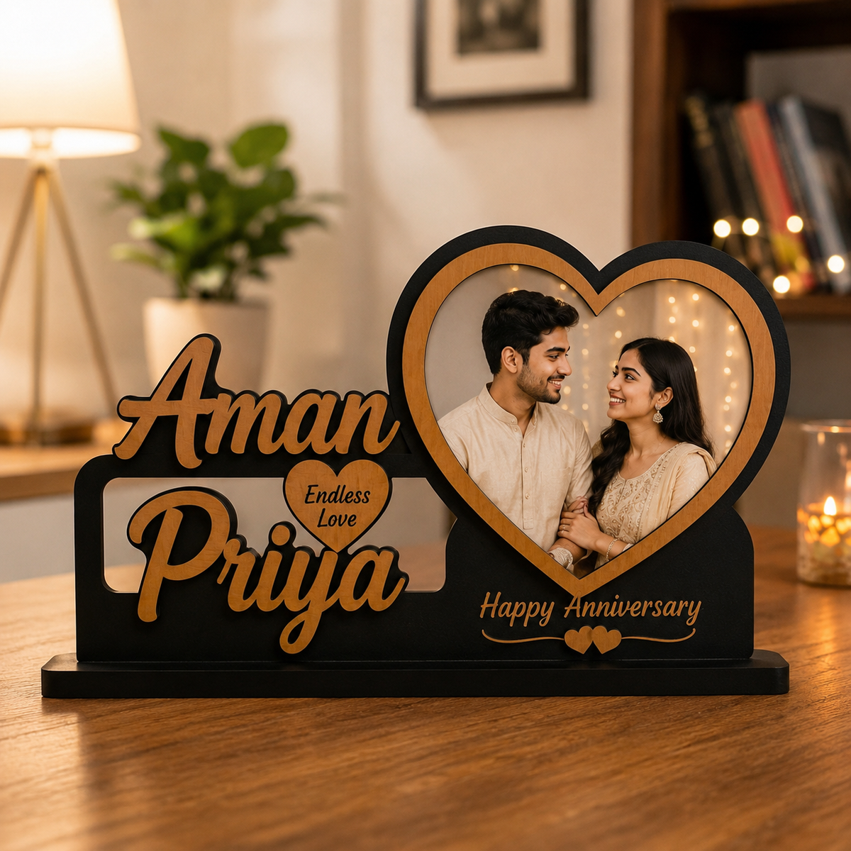 Personalized Wedding Couple Photo Frame | Custom Name Wooden Love Plaque