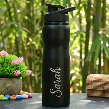 Custom Personalized Water Bottle – LED Temperature Smart Flask, Bamboo Finish & Photo Name Engraved Drinkware